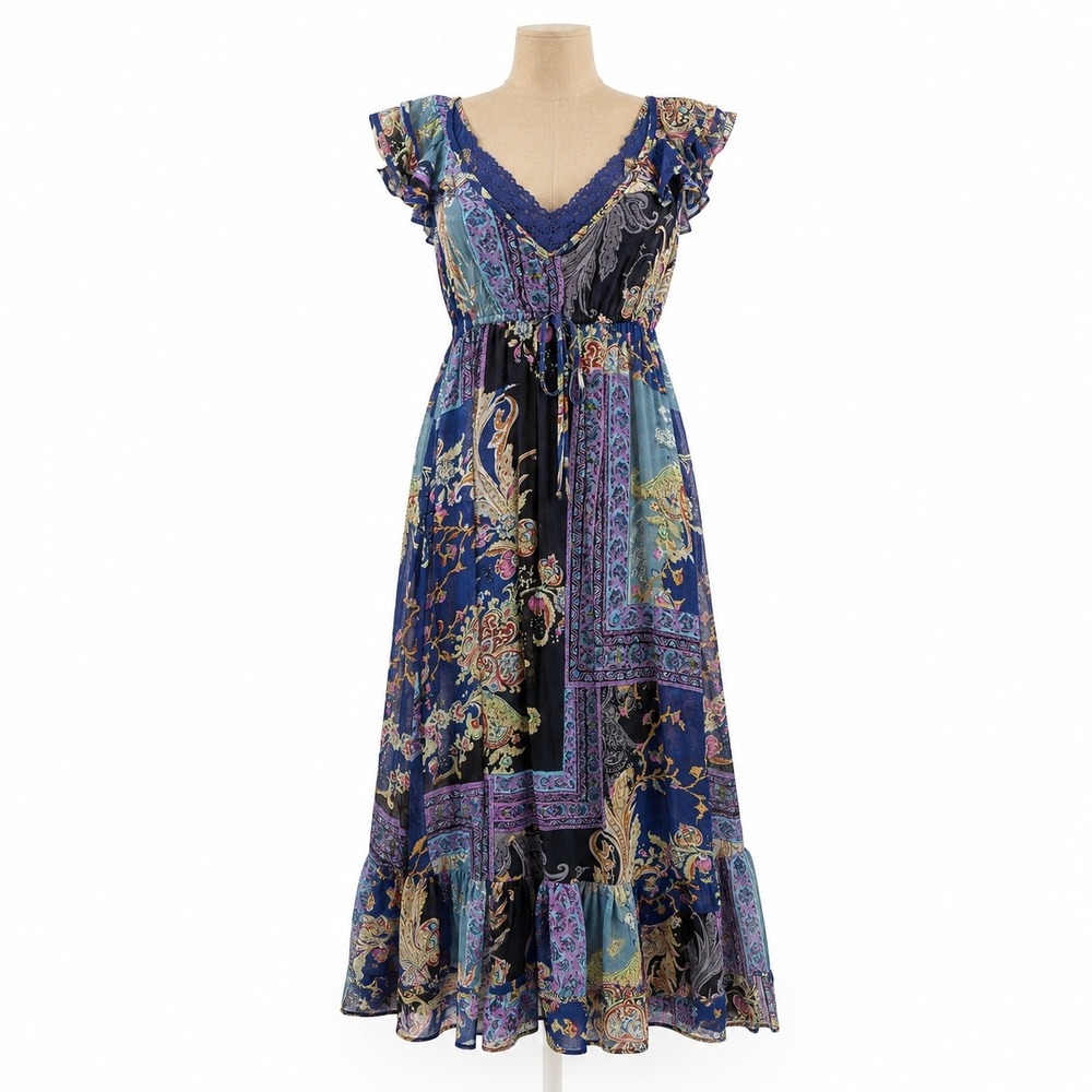 Vintage Y2K Patchwork Babydoll Maxi Dress M Purple Boho Cottagecore Fairy Grunge